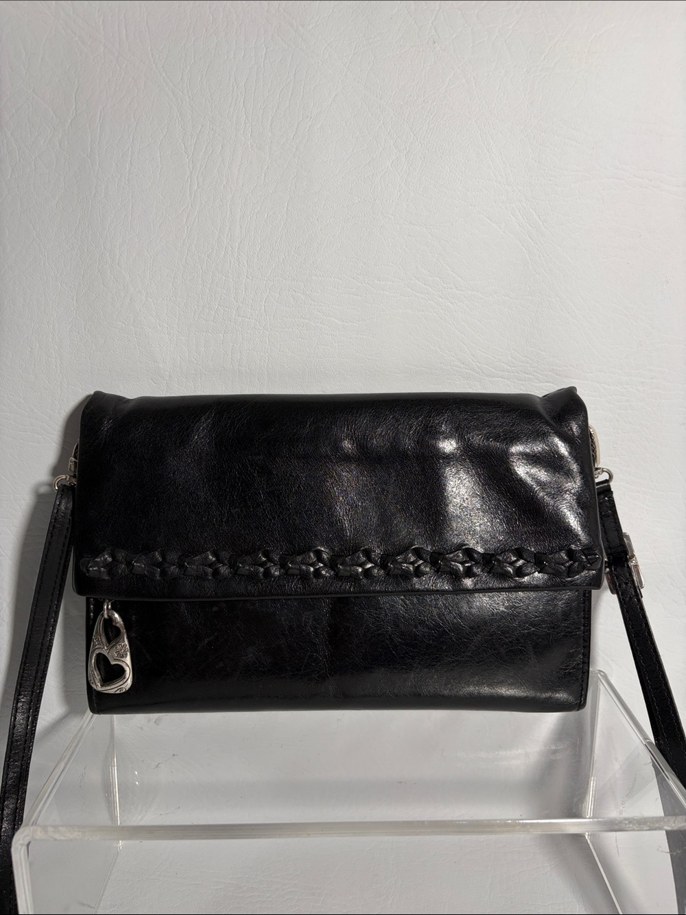 Brighton Black Leather Fold-Over Crossbody Clutch Waller Bag